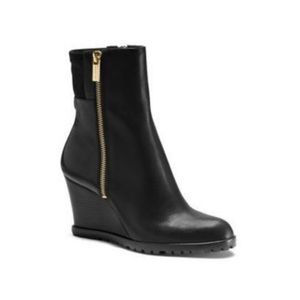 Michael Kors Women’s Aileen Black Vachetta Leather Wedge Heel Booties Boots